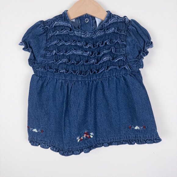 Vintage Sesame Street Y2K Denim Ruffle Embroidered Elmo Dress Blue Girls Sz 6-9m - Picture 1 of 9